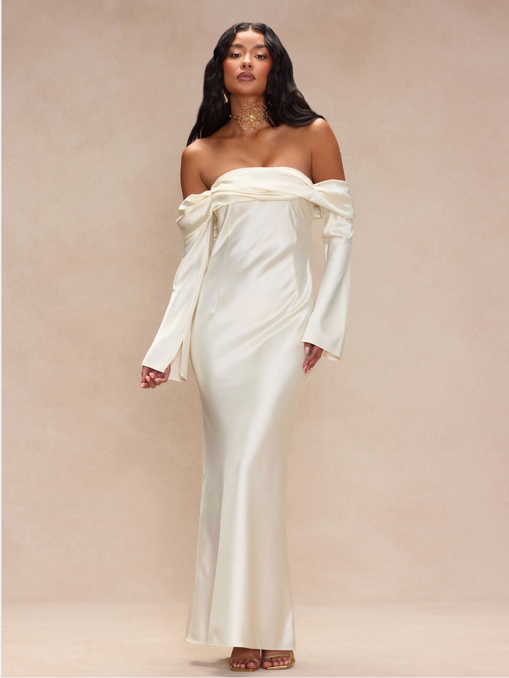 Fashion Nova Off-Shoulder Ivory Satin Evening Dress